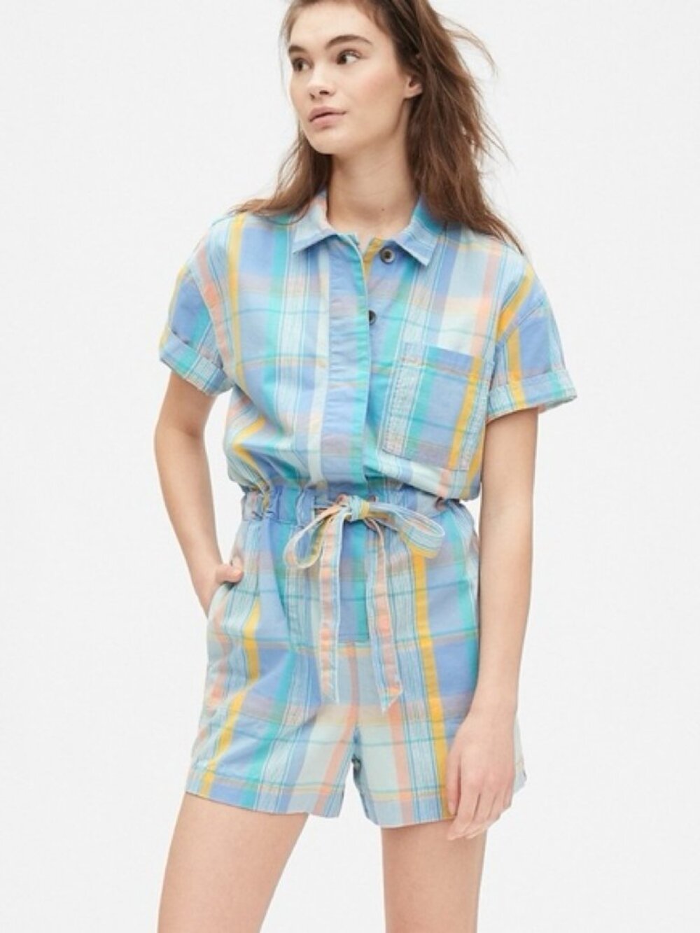 Gap Sz 14 Short Sleeve Plaid Romper Drawstring Waist Pockets Button Down